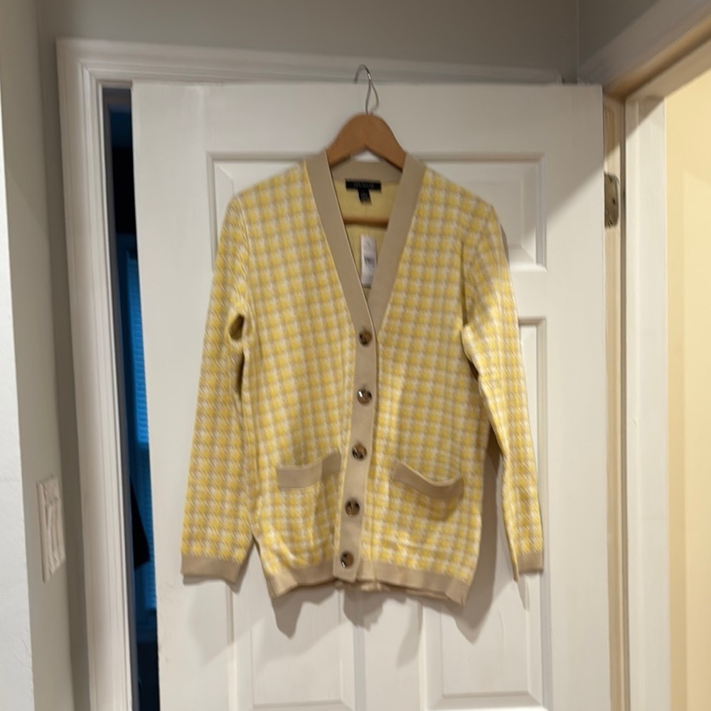 Ann Taylor Yellow and Cream Houndstooth Cardigan